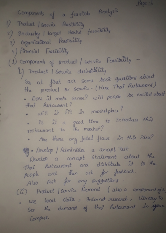 Page 1 Components of a feasible Analysis 12 Product I service feasibility 22 Inclustry I target Market feasibility 3) Organis