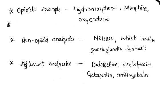 * Opioids example - Hydromoophone , Morphine, oxycodone * Non-opioid anabzesics – NSAIDs, which inhibito prostaglandin Syntti