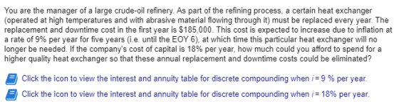 You are the manager of a large crude-oil refinery. As part of the refining process, a certain heat exchanger (operated at high temperatures and with abrasive material flowing through it) must be replaced every year. The replacement and downtime cost in the first year is $185,000. This cost is expected to increase due to inflation at a rate of 9% per year for five years (ie, until the EOY 6), at which time this particular heat exchanger will n longer be needed. If the companys cost of capital is 18% per year, how much could you afford to spend for a higher quality heat exchanger so that these annual replacement and downtime costs could be eliminated? Click the icon to view the interest and annuity table for discrete compounding when 9 % per year Click the icon to view the interest and annuity table for discrete compounding when i: 18% per year.