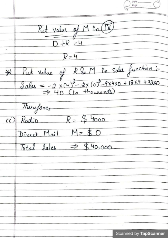 Date Put value of Mi Put value of M in TV D +R=4 of R=4 * Put value R & M in salu function is Sales = -2XC4) 12x 69_9x480 +18