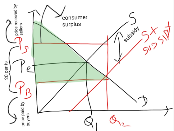 20 cents no price received by sellers price paid by buyers surplus consumer subsidy SUBSIDY