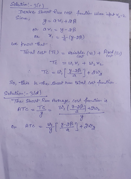 Solution!- 3(c) Derive shorlPun tost tunetion ihen mput2 Sinu, on Or Lue knous that E-R1 fixed 701al tost T vaiable (Vc) + Co