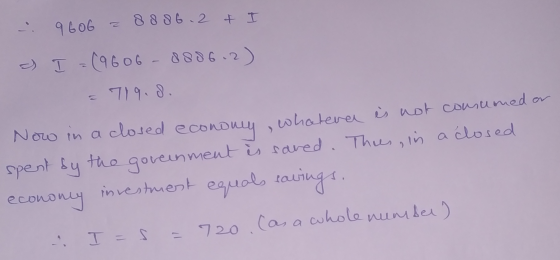 9606 z 88 86.2 & I - I = (9606 - 8886.2) 719.8. Now in a closed economy , whatever is not consumed or spent by the govenment