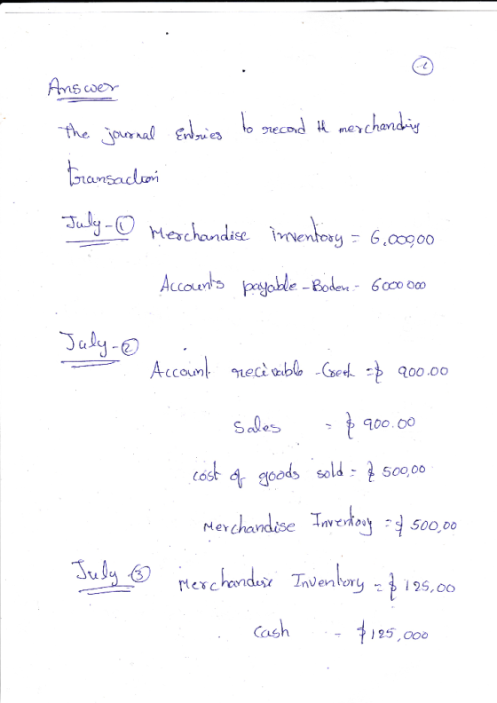 Answer the journal entries to record te merchanding transaction July - Merchandise inventory = 6.000.00 Accounts payable - Bo