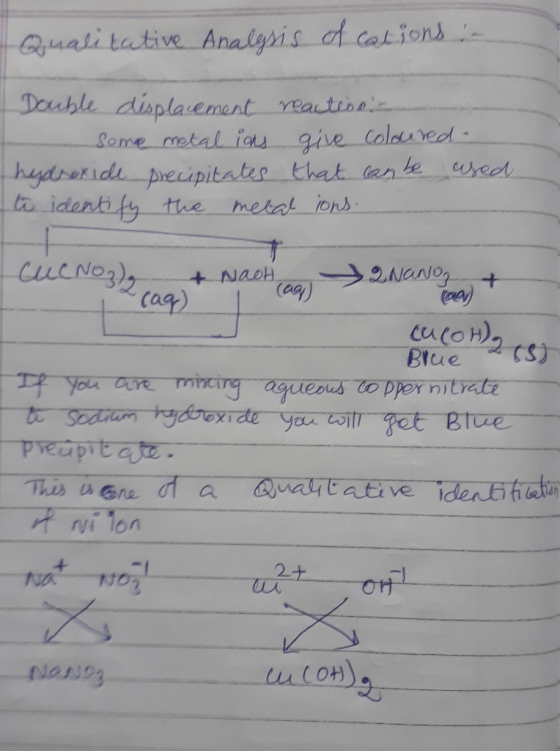 Qualitative Analysis of calions :- Double displacement reaction - some metal ids give coloured. hydroxide precipitates that c