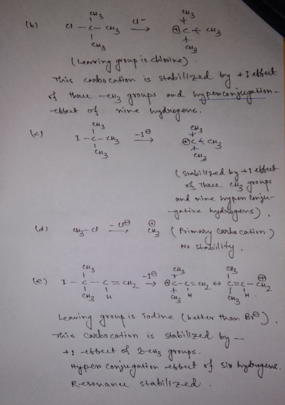 CH3 + (b) el - A et cHz CHZ CH3 (learring group is chlorine) This combocation is stabilized by + reffert tion- of thore elig