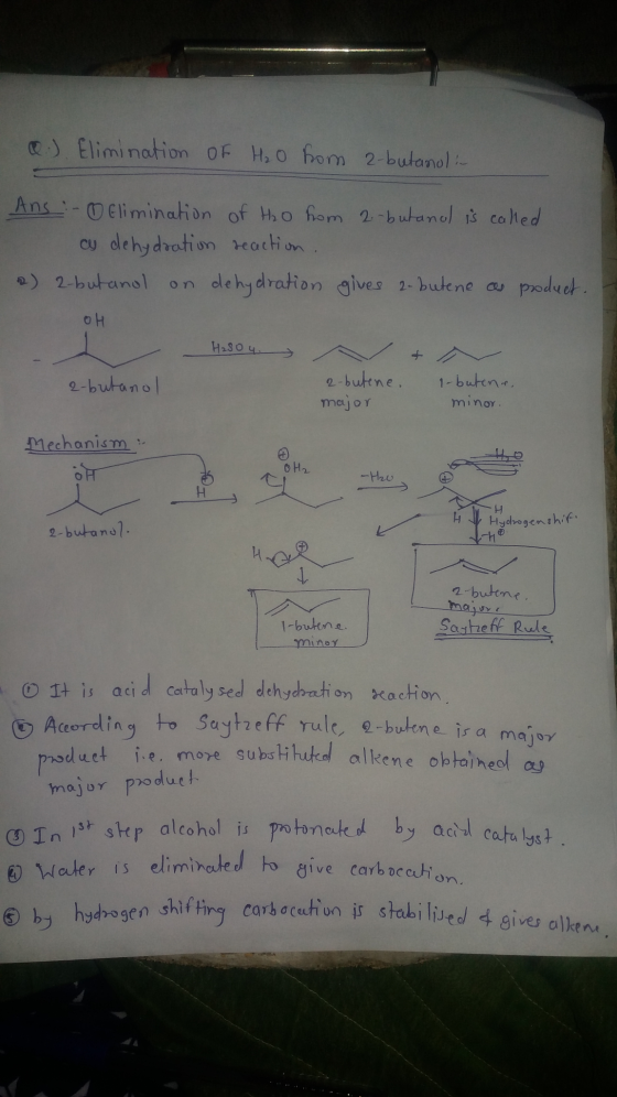 @.) Elimination of H₂O from 2-butanoli Ans - Elimination of H2O from 2-butanol is called cy dehydration reaction. 2) 2-butano