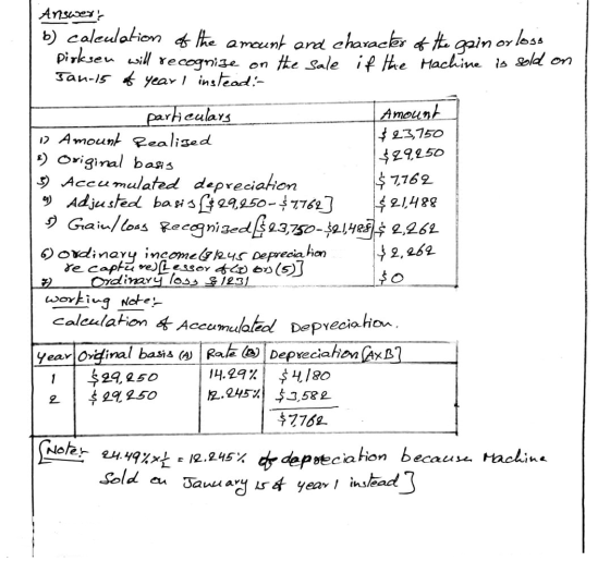 Amount Answers b) caleulation of the amount and character of the gain orlogs pirksen will recognize on the sale if the Machin