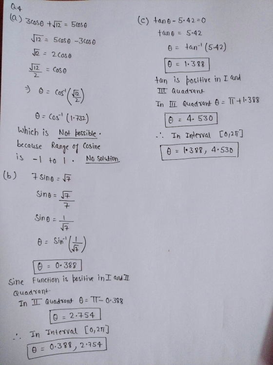 la) 3 cose + 1T2 = 500S 0 J12 = 5 Coso -3cos e J2 2 coso (c) tano - 5.42=0 tano - 5.42 0 tant (5.42) 1.388 12 2 = COS @ = = C