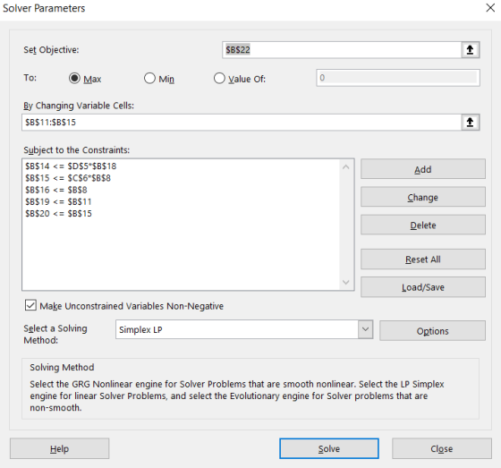 Solver Parameters Set Objective: $B$22 O Min OValue Of: To: 0 Маx By Changing Variable Cells: $B$11:$B$15 Subject to the Cons