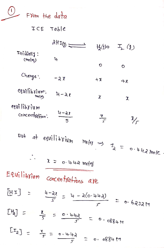 - From the data ICE Table 2HI(g) - t(9)+ I (g) Initially! (moles) 4 Change! -ax te equi6xfy, moles 1 - 3 equf Pi6xium Concen