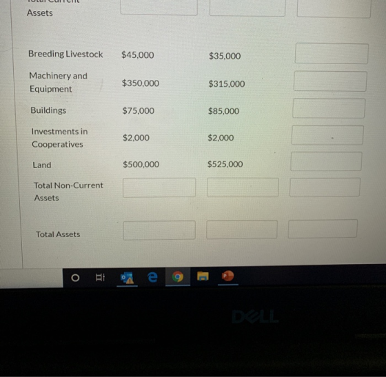 TULUI CUCHIL Assets Breeding Livestock $45,000 $35,000 Machinery and Equipment $350,000 $315,000 Buildings $75,000 $85,000 In