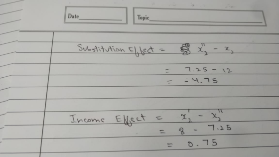 Date Topic Substitution Effect - x - x, = = 7.25 - 12 -4.75 Income Effect = = = x - x 8 - 7.25 0.75