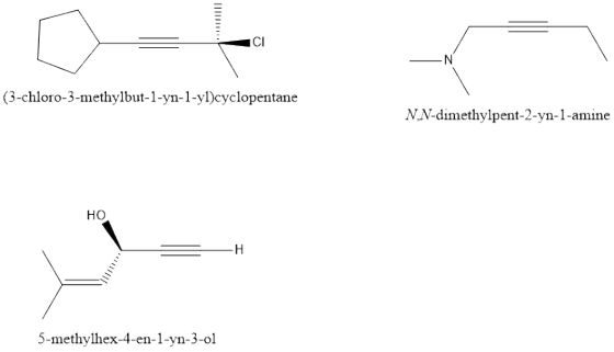 CI (-chloro-3-methylbut-1-yn-1-y)cyclopentane -1-vlicvclopentane N.N-dimethylpent-2-yn-1-amine но 5-methylhex-4-en-1-yn-3-ol