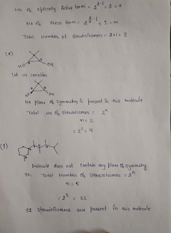 2za No 03 0ptically Active torm No 0 Meso torm= 1 2m Number ot steusoisomer &+l= 3 Total Ce) OH us considn NO plare ob Symmut