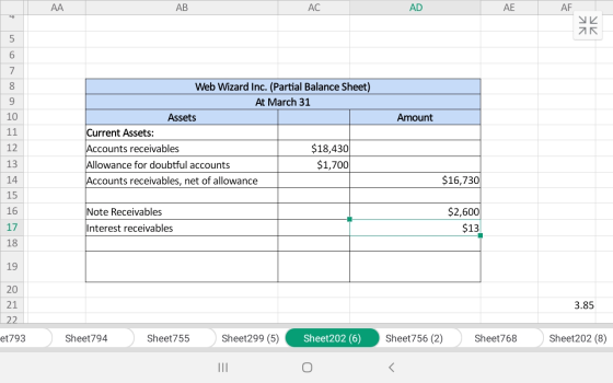 AA AB AC AD AE AF Amount 11 12 Web Wizard Inc. (Partial Balance Sheet) At March 31 Assets Current Assets: Accounts receivable