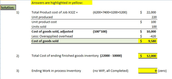 Answers are highlighted in yellow: Solution: $ 22,000 220 $100 100 $ 10,000 $420 $ 9,580 1) Total Product cost of Job X32Z- U