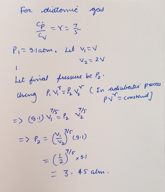 for oiatomc CP 7 P9.1atm, it viEV V2- 2V 1 ut frial fresne be Ph In adiabete pocess Uheng PNY-Comstand 7/5 7/5 P = > (9.) =>