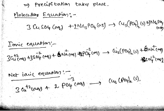 . Precipitation takes place. Molecedor Equation : - 3 C4504 Coq) te nagpO4 Cary → (uz CP04), (5) HINIRSO lag e Ionic equation