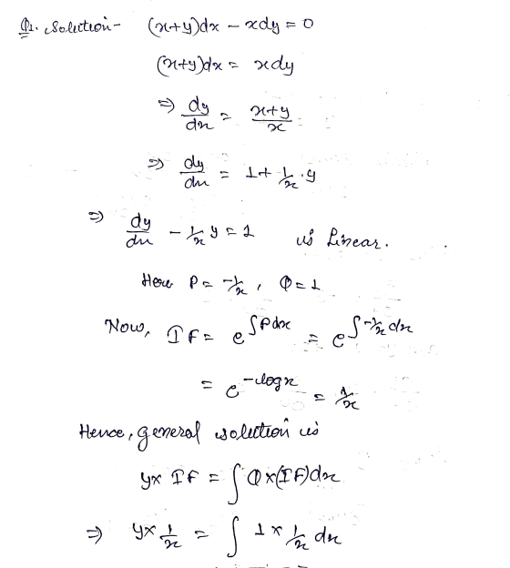 Q2. cSolection- (26+y)dx - xdy=0 (hty) dx = xdy - dy an a netu is oly dri - It has 9) dy du - 1 us Linear. How Partioad Now,