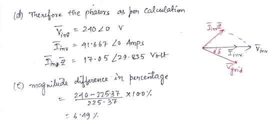 pen Caleulahion dh Therufore the phasors V 240 20 Tiny= 4667 Zo Amps .05 29.2I Vfnv 235 Vo rid (e) 240-22537 X 100% 225- 37
