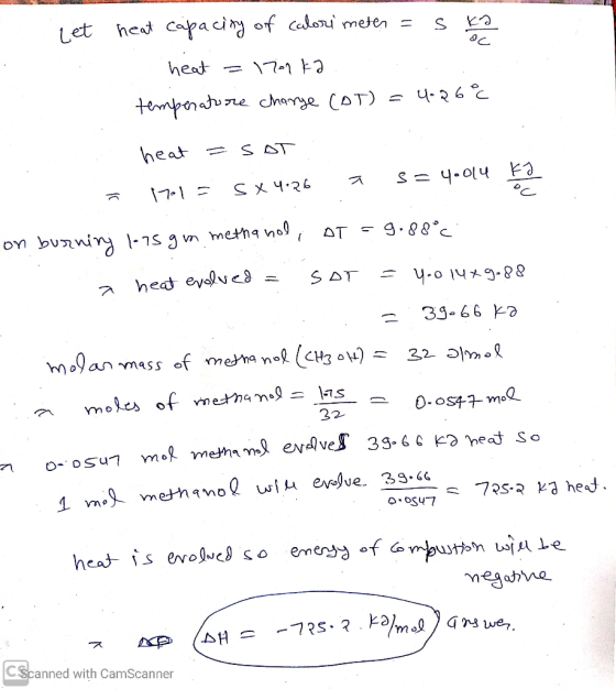SH let heat capacity of calori meter = s ka heat = 1701ka temperature charge (OT) = 4.26% DC heat = sot. = 17415 SX 4.26 3 s=