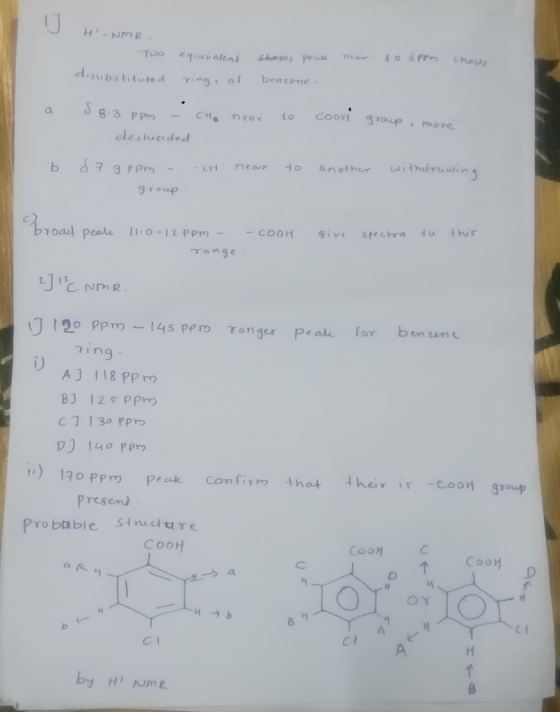 Hi-NMR. Two equsvalent shows peas near so sppm shown disubstituted ring, of benzene. a $ 8.3 ppm – deshicided Cho near to coo