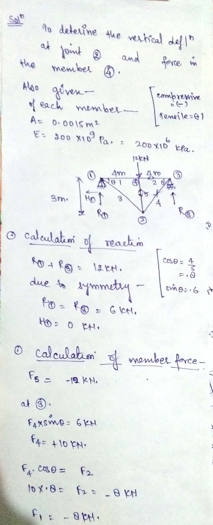 Sol to deterine the vertical defin at joint @ and the force in member ®. Aloo güvere of each member A= 0.0015 m2 E: 200 x103