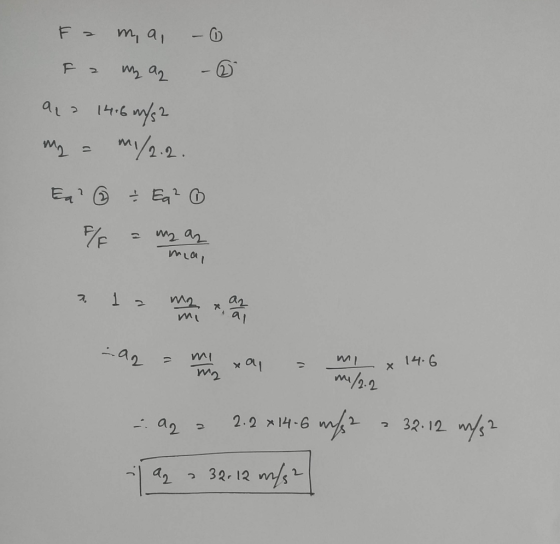 Fa m, a, -6 Famyan - 6 a. a 14.6 m/s2 My = m/2.2. Eu & Ea²o F/E = mga meal -92 = my hayxan aml x 14.6 mi x 14.5 - az a 2.2*14