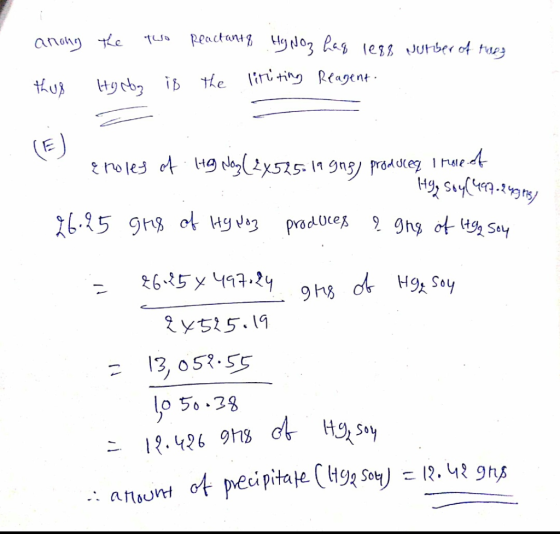 anong the two Reactant & Hj Noz haq less Nuther of hope thus Horlog is the lititing Reagent. (F). Epoles of Ha Joz(2x525-1990