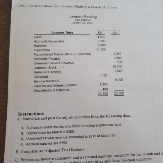 P4-1 The trial balance for Lampert Roofing at March 31 follows. Lampert Roofing Trial Balance March 31, 2020 Dr. 4.500 3 200