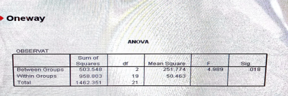 oneway ANOVA OBSERVAT Sum of Squares df wMean SquareF Sig 25174 50463 503.548 4.989 Between Groups Within Groups Total 2 19 21 018 958.803 1462.351