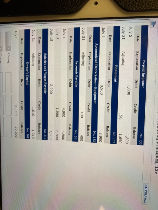 my rinciples, 13e CALCULATOR No. 130 Balance Prepaid Insurance Date Explanation Debit Credit July 5 1,800 July 31 Adjusting 1