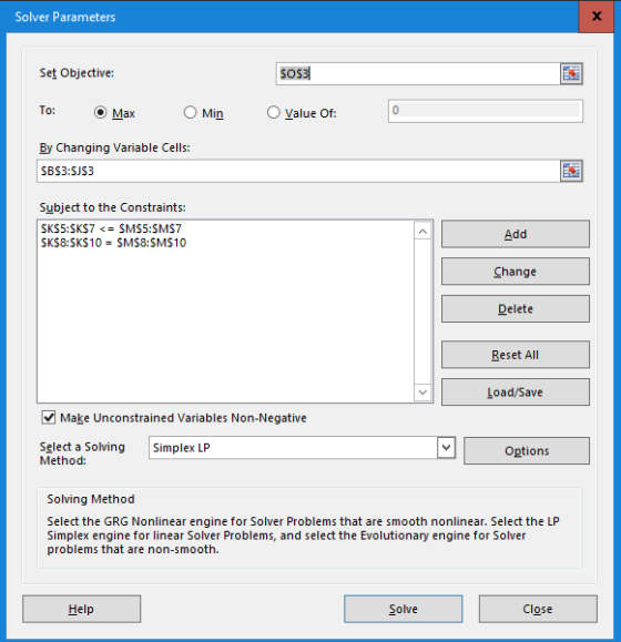 Solver Parameters X Set Objective: 5053 To: Max Min O Value of: 0 By Changing Variable Cells: $B$3:553 Subject to the Constra
