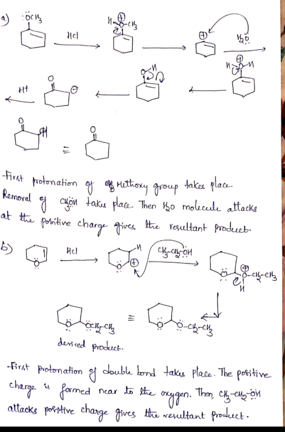 HCl _ first protonation of A Methony group takes place. Kemoval g cyon takes place Then Ho molecule attacks at the positive c