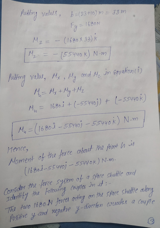 putting values, 6=(23 +10) m = 35m. y = 1680N M2 = – (1680 X 33) K M = – (55440k) N-m putting valur, Mx, My and Me in equatio