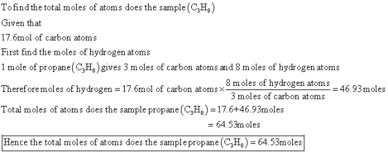 To find the total moles of atoms does the sample (CH) Given that 17.6mol of carbon atoms First find the moles of hydrogen ato