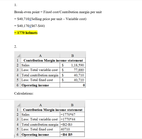 1. Break-even point = Fixed cost/Contribution margin per unit = $40,7104(Selling price per unit - Variable cost) = $40,170/$6