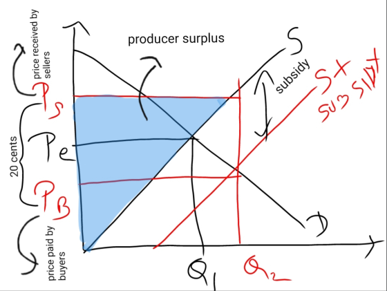 20 cents price received by sellers price paid by buyers CAN producer surplus subsidy SUBSIDY