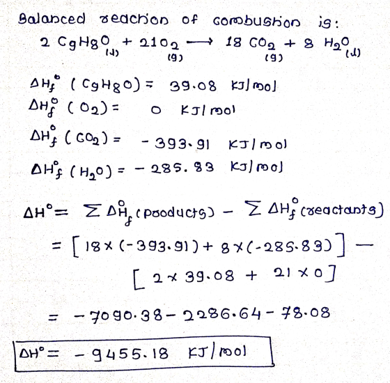 Balanced gedchon of Gombustion is: 2 Cg Hg. + 2102 - 18 CO2 + 8 H2O (1) 14) 19) (9) f AHO ( Cg HgO) = 39.08 kg/mol DHO (02) -