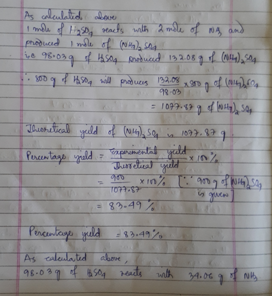 As calculated above an Imole of H₂50g reacts with 2 mole of with and produced I mole of (NHa), sog Lic 98.039 of isoa produce