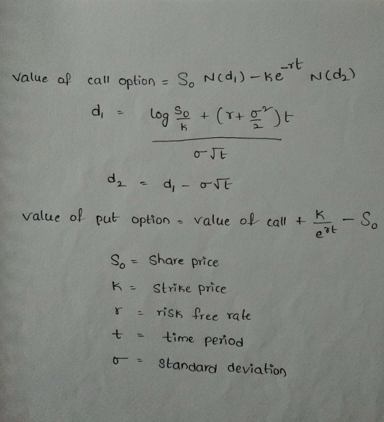 N(dh) value ap call option So Ncdi)-Ke (T+t So t log o JE value ol put option value ol call + K So et S = Share price strike