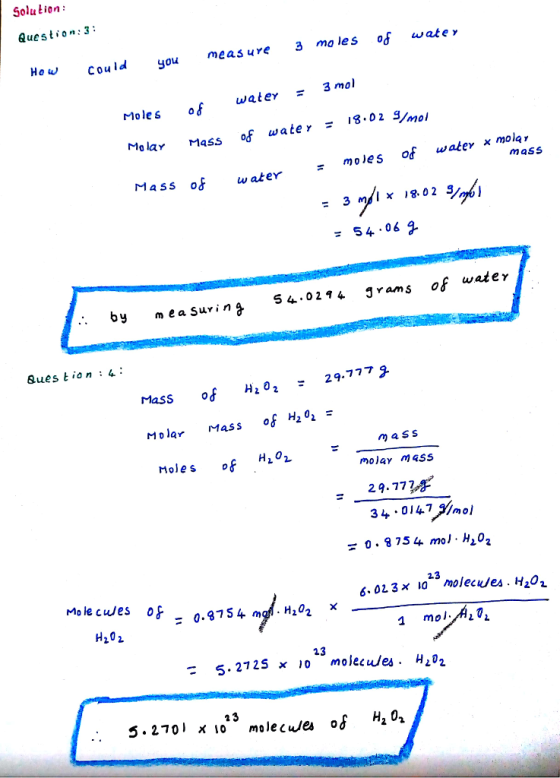 Solulion: Question:3: oCo uld you measure 3 mo les of wate> water 3mol Molesof of u, a te Y 18.023 Mo laY Mass mol Massoょwate