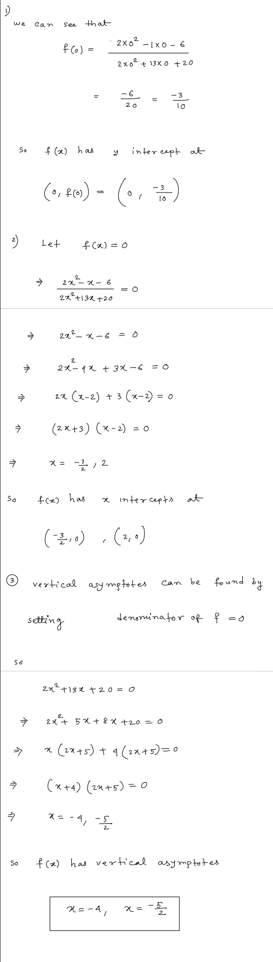 we can See that f (o) 2x02 - 1X0-6 2x02 + 13X0 + 20 -6 20 -3 lo So f (x) has y intercept at (9,460) - (6, ) 2) tet f(x)=0 22-
