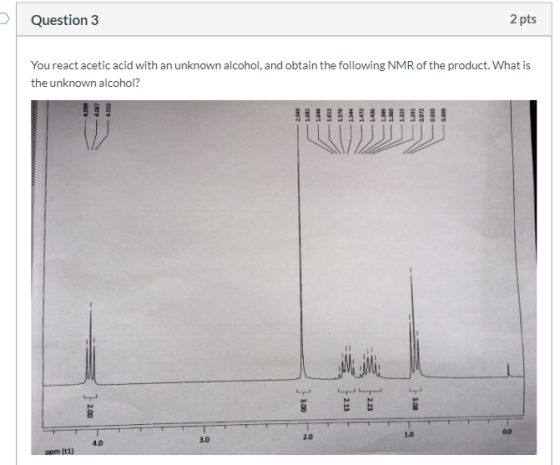 Question 3 2 pts You react acetic acid with an unknown alcohol, and obtain the following NMR of the product. What is the unkn