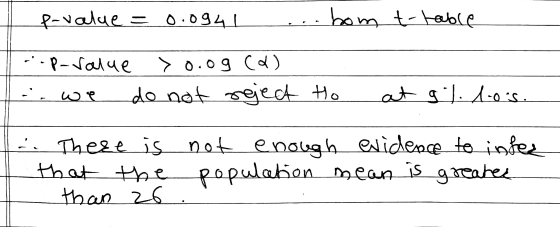P-value = 0.0941 bom t-table --p-value >0.09 (0) a. we do not reject to at gl. lois. er There is not that the than 26. popula