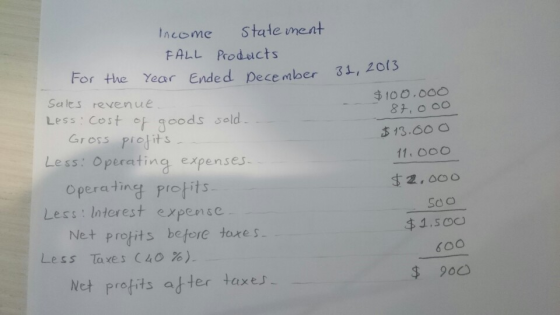 income statement FALL Products For the Year Ended December 31, 2013 sales revenue $100.000 Less: Cost of goods sold - 87,ooo