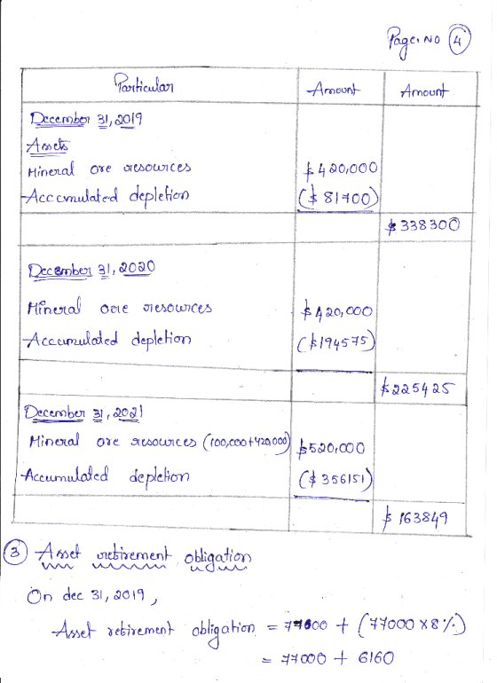 Page No Amount 1 Amount Particular December 31, 2019 Assets Mineral ore oresowices Accomulated depletion $420,000 C$81400) *