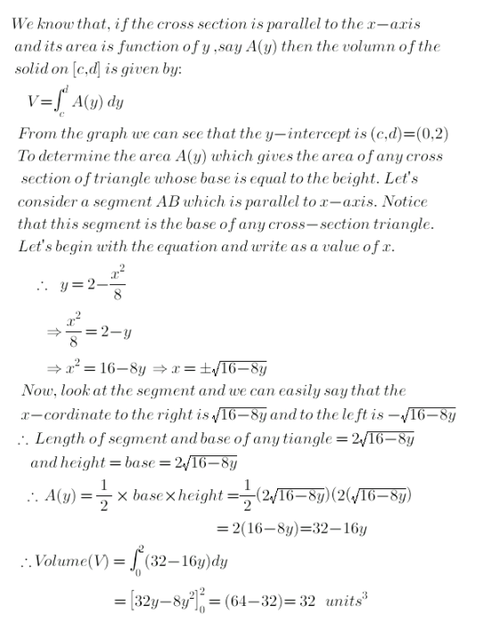 We know that, ifthe cross section is parallel to the a-aris andits area is function of y.say A(y) then the volumn ofthe solid