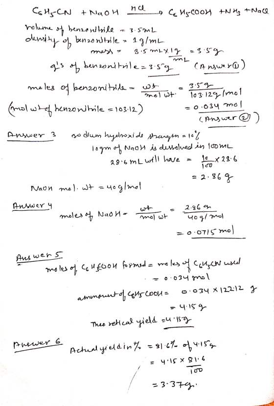 C6H&CN +Naon nu a Colgcoon tNH3 + Nall rolume of benzonitrile a 3.5m2 density of benzonitable 1 g/mL. 1 mass - 3.5mixlg 23.59